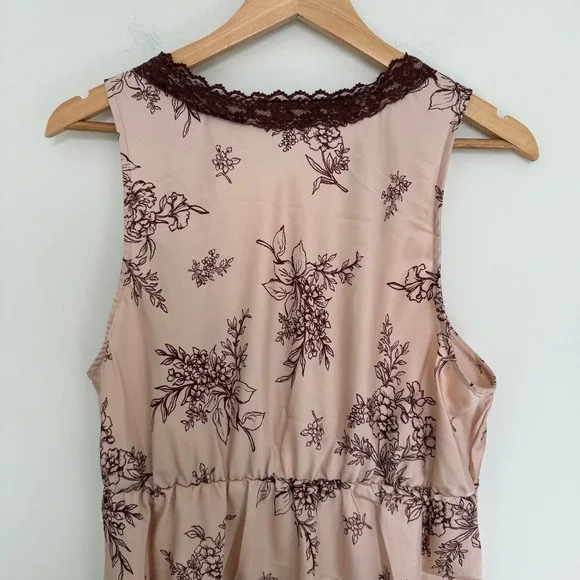 Women's Pink Floral Satin Lace Trim Midi Slip Dress Large Feminine Romantic - Picture 5 of 11